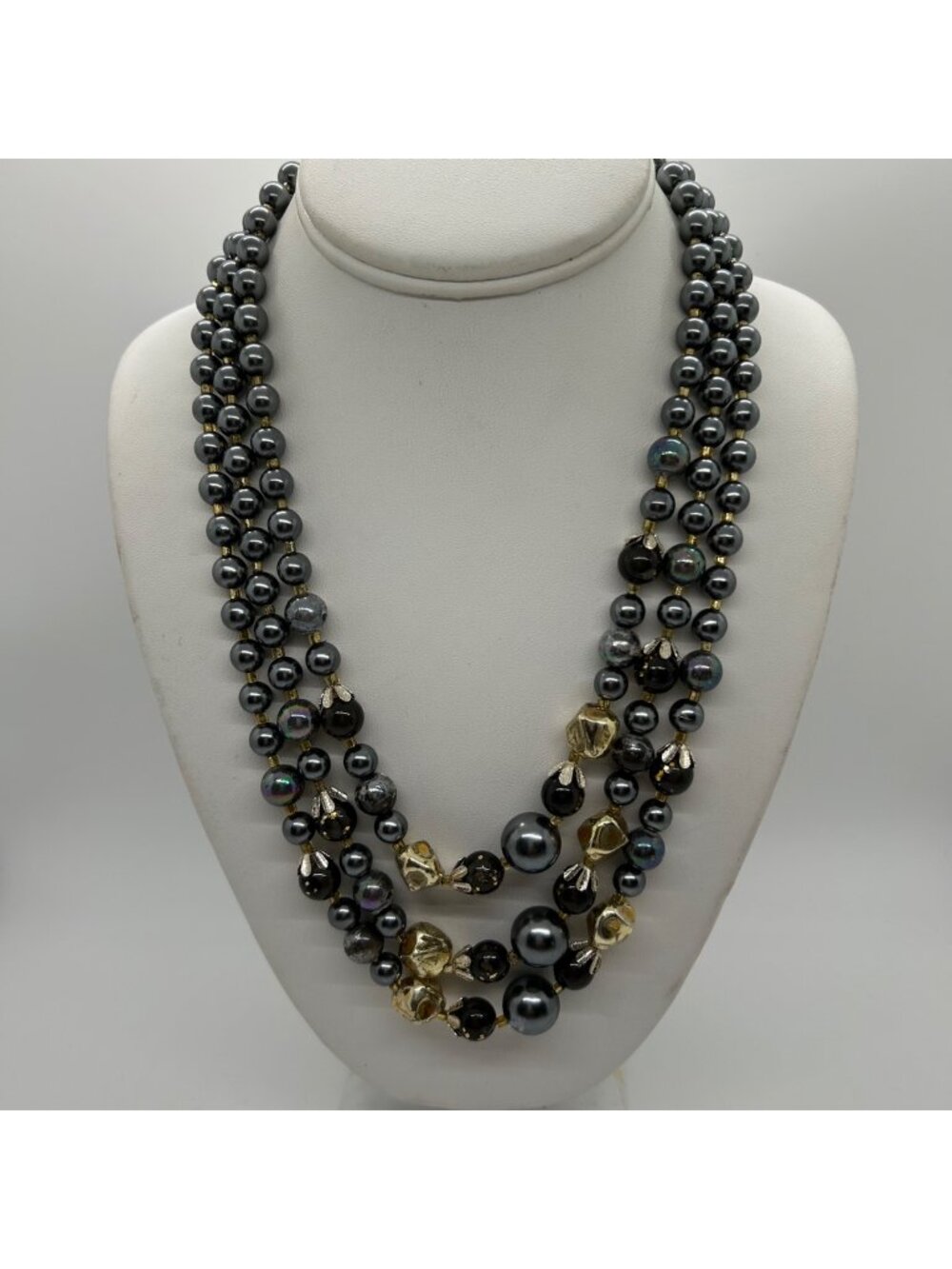 Vintage Three-Strand Gray Gold Tone Iridescent Bead Faux Pearls Prom Formal 1950